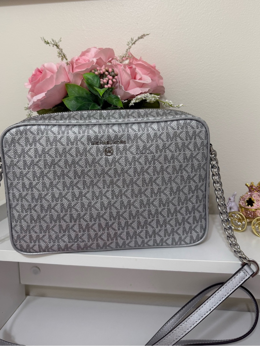 Michael Kors Silver Metallic Logo Print Crossbody with Chain Strap